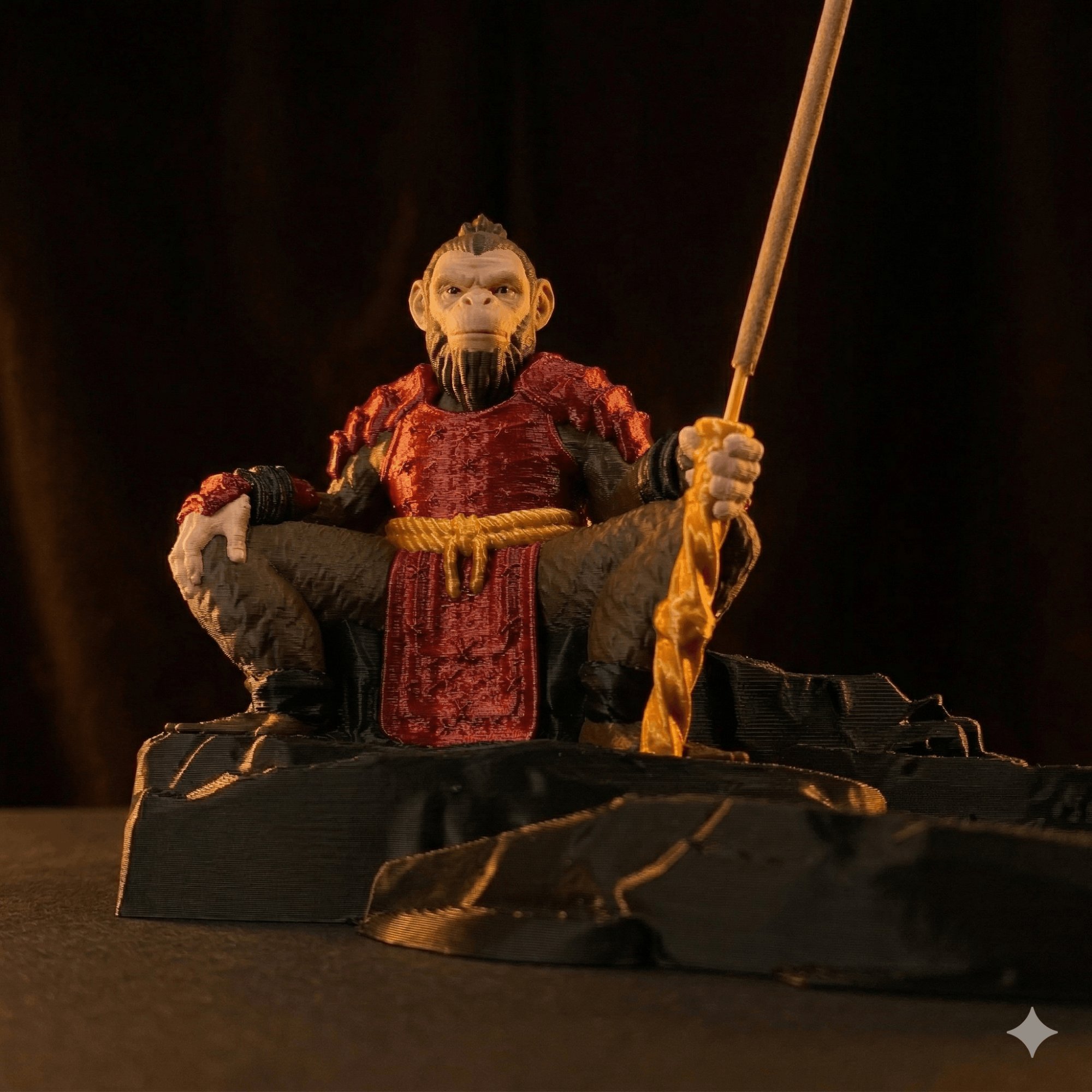 Monkey King Incense Holder — multi-color painted figure in red robe with golden staff