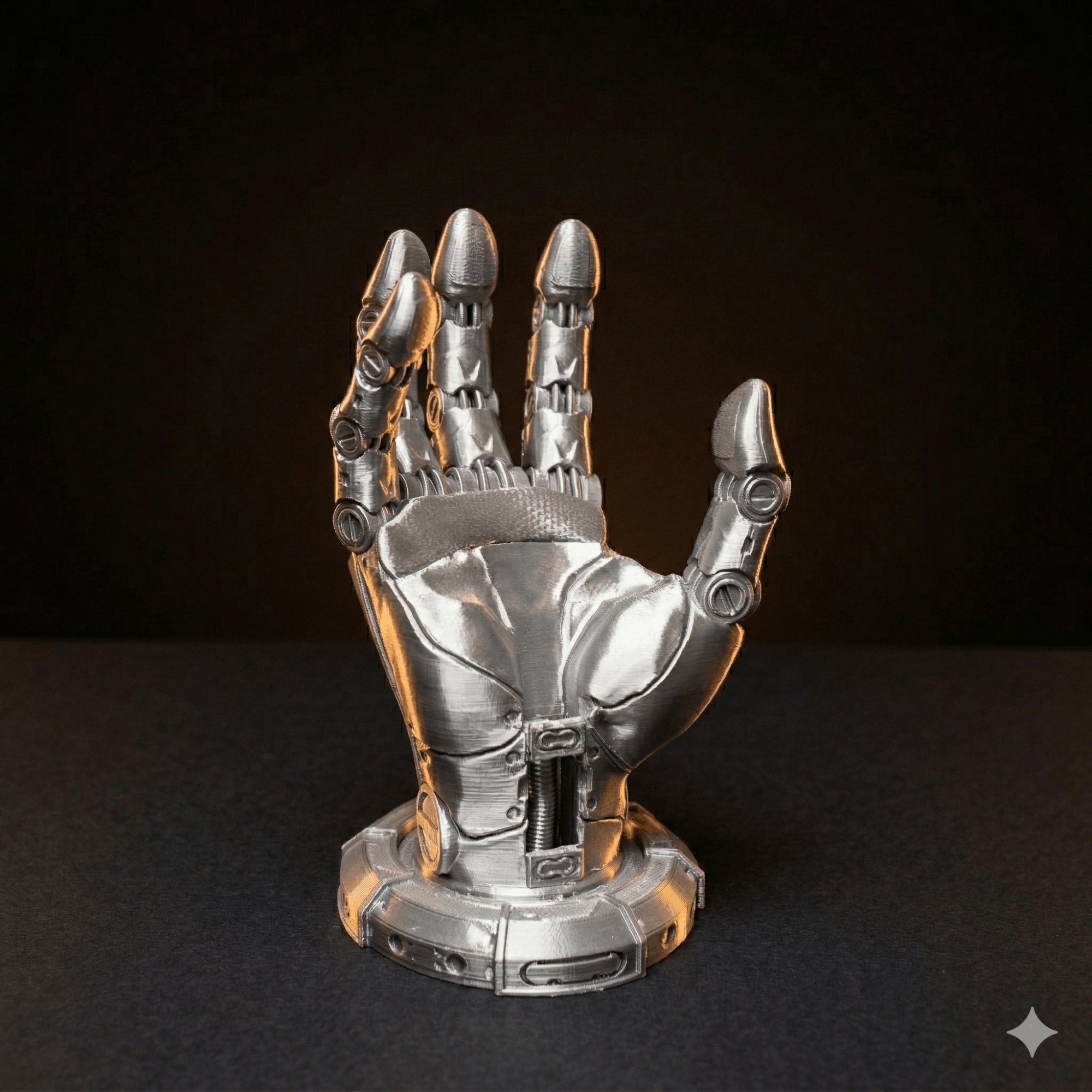 Robot Hand Phone Holder — metallic silver mechanical hand sculpture