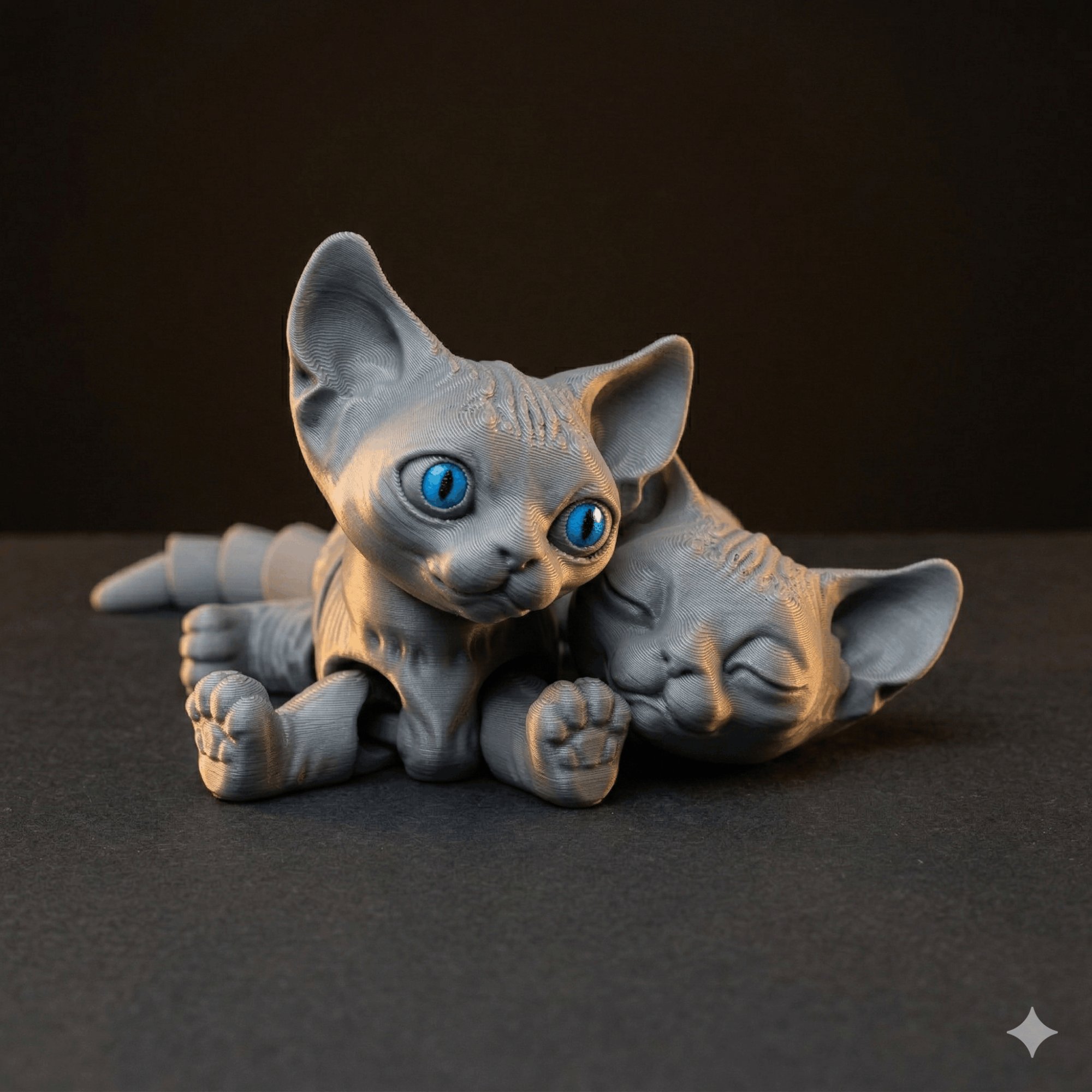 Articulated Sphynx Cats — gray PLA cat pair with blue eyes and moving joints