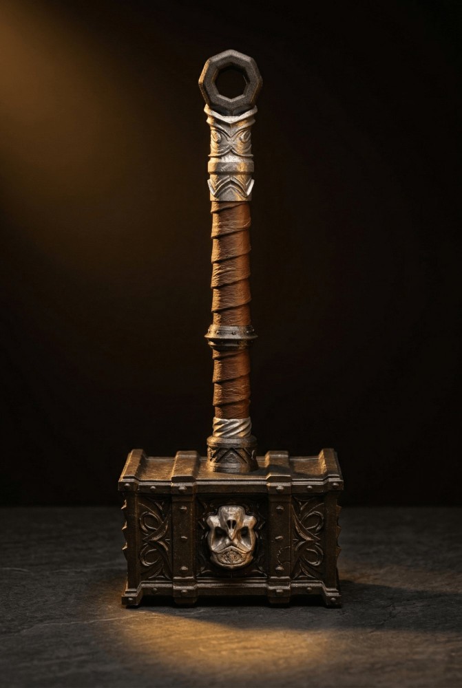 War Hammer — dark iron and leather wrapped prop replica with skull emblem