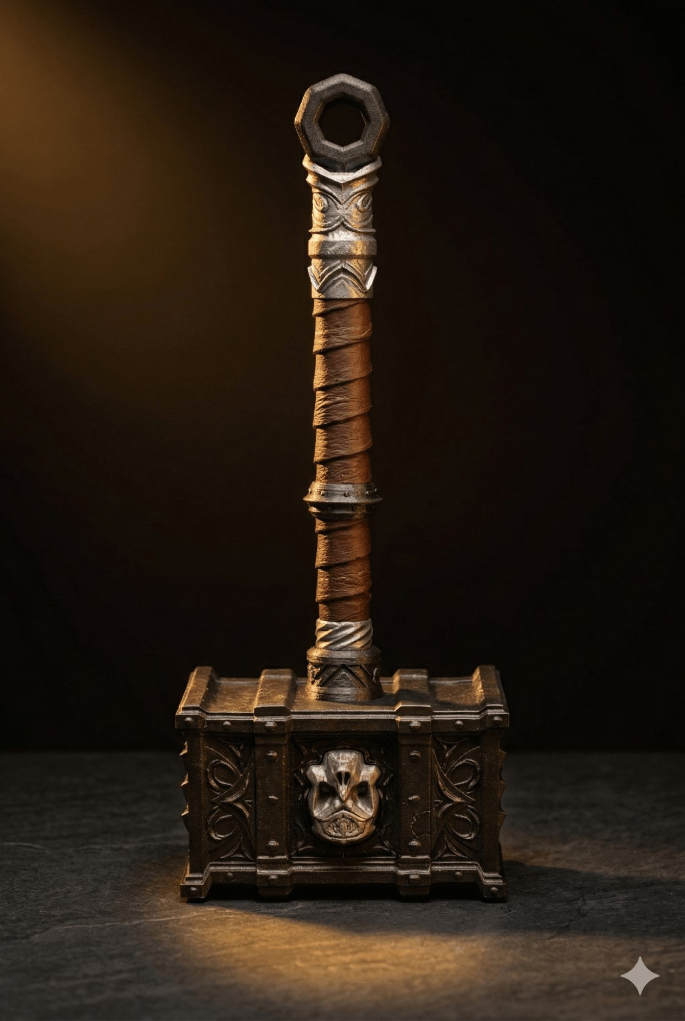 War Hammer — dark iron and leather wrapped prop replica with skull emblem